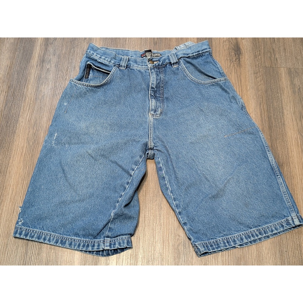 FUBU Denim Carpenter Shorts Jorts Size 34 Blue Distressed Utility Pockets FLAWS